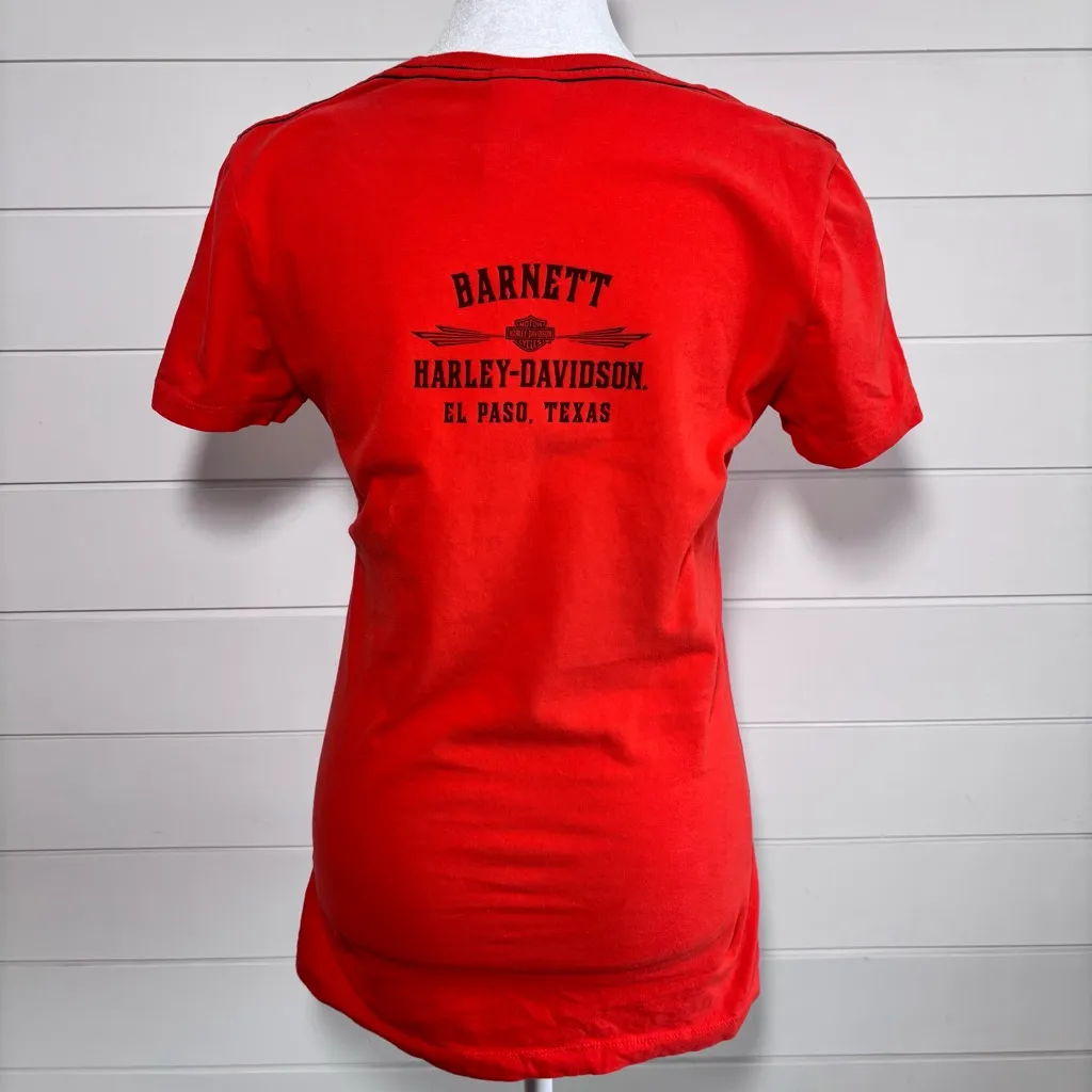 Harley Davidson Y2K BARNETT EL PASO TEXAS Flame‎ Logo Shirt Top Orange Size S - Image 5