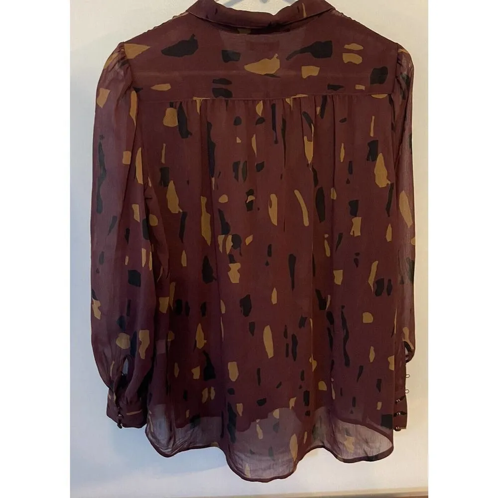 Nine West Womens Small Shirt Long Sleeve Button Down Wine Printed Semi Sheer NEW - Image 2