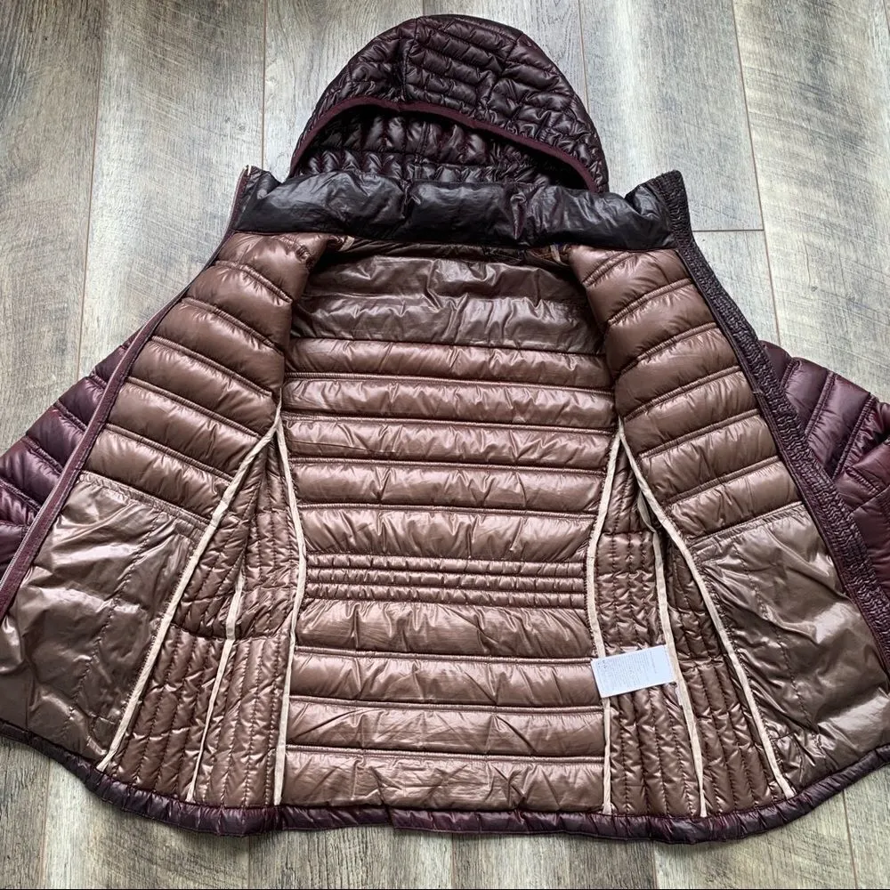 CALVIN KLEIN Hooded Packable Premium Down Puffer Coat Eggplant Wine XS - Image 11