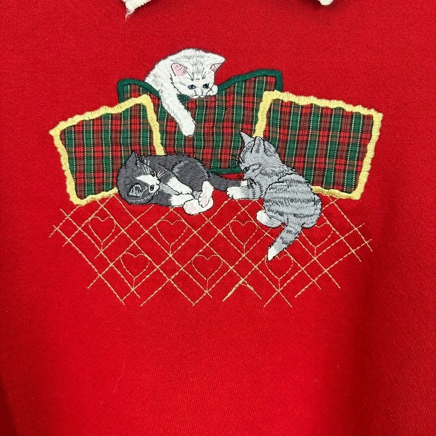 Top Stitch By Morning Sun Red Cat Embroidered Collared Sweatshirt Christmas Size L - Image 4
