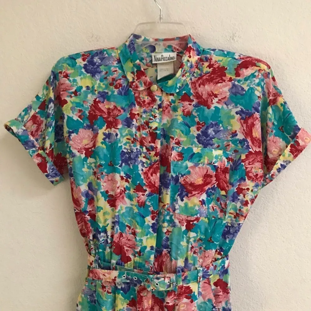 Vintage 80s Nina Piccalino Liberty Granny floral belted dress 8 Blue - Image 2