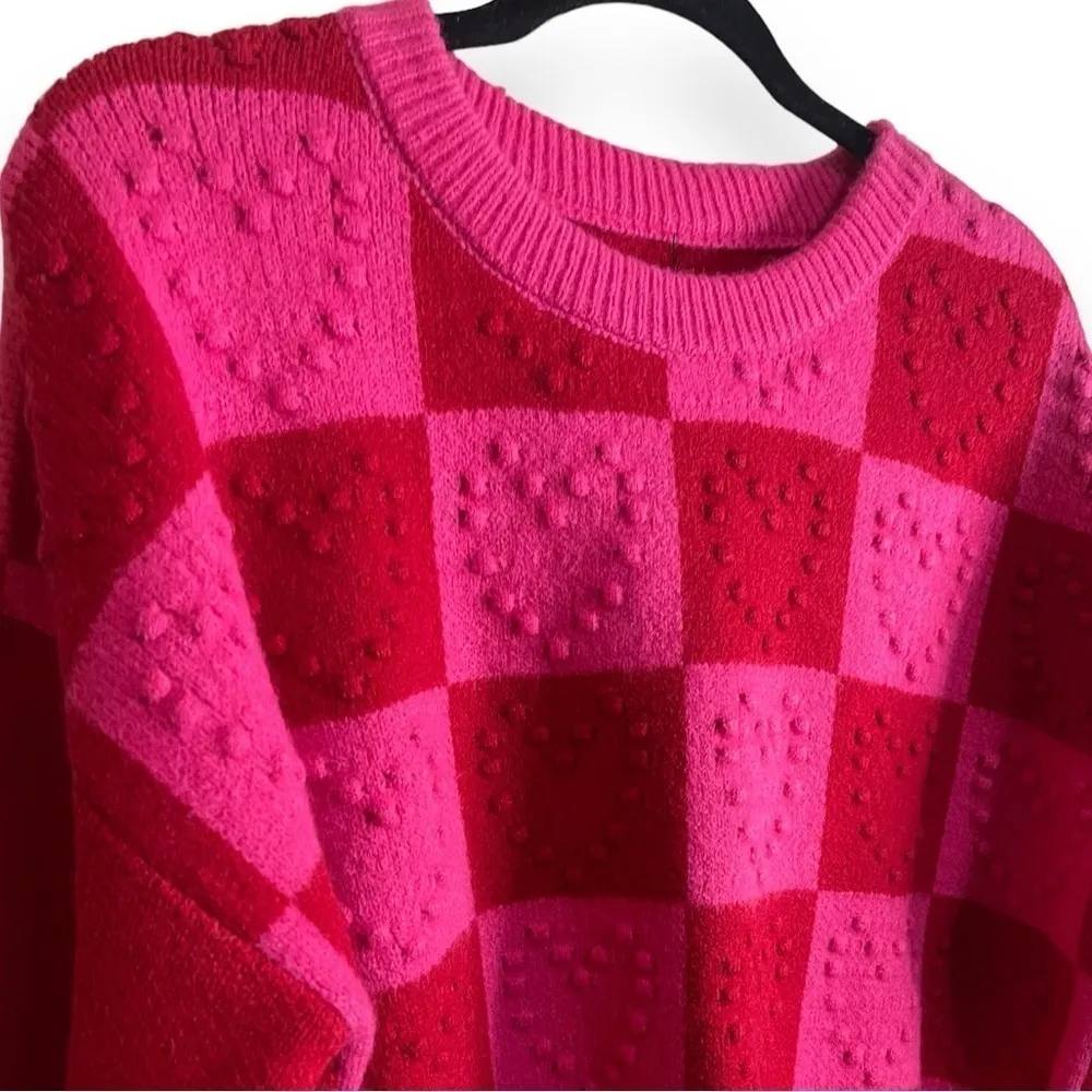 Multicolor Checkered Pattern Heart Detail Textured Sweater Women’s Size Large Pink - Image 4