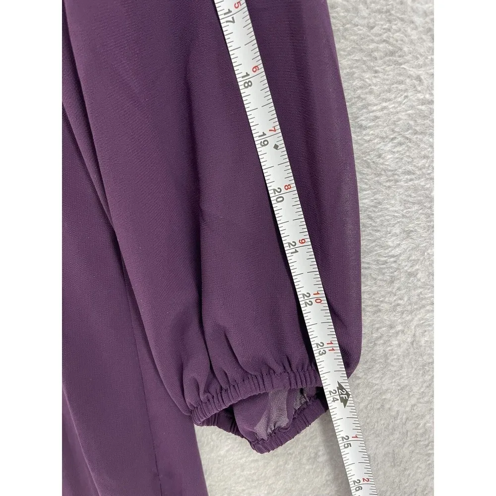 Ann Klein Women's Shift Dress Sheer Long Sleeve Solid Purple Size 8 Lined Bow - Image 5