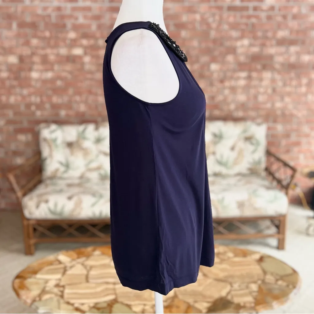 Loft Tank Top Beaded Peter Pan Collar Pin-tuck Knit XS Blue Sleeveless Preppy - Image 7