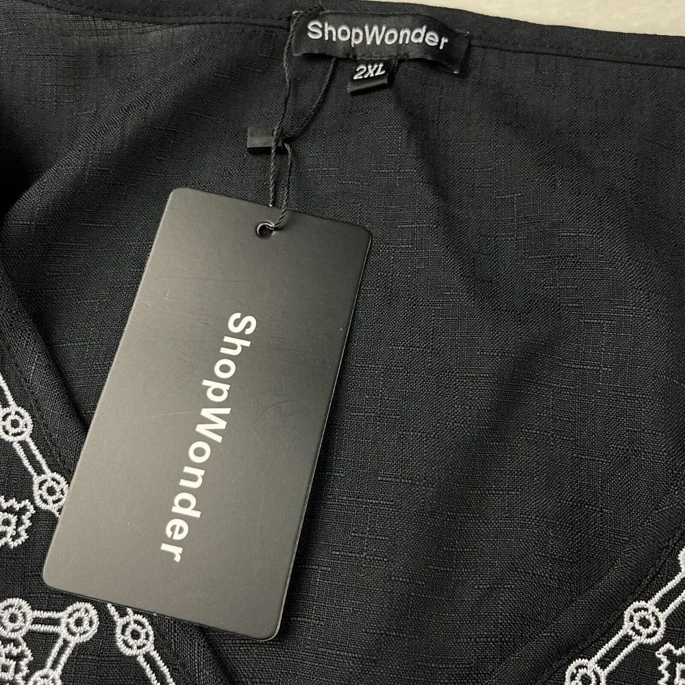 Embroidered Casual Summer Top Womens Size 2XL Black‎ VNeck Shirt Blouse Festival Black - Image 10