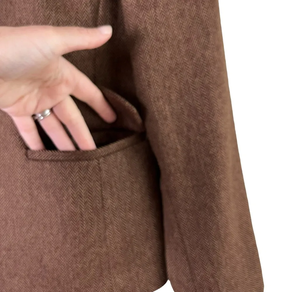 Talbots Faux Fur Collar Wool Herringbone Tweed Button Front Jacket in Brown Sz 8 - Image 9