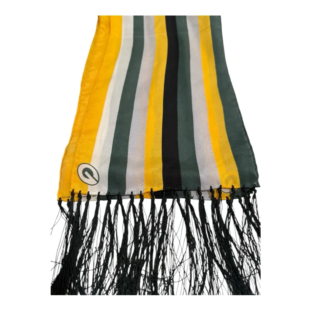 Vintage Green Bay Packers 100% Silk Striped Scarf w/ Tassels – EUC 60” x 8” Gold - Image 2