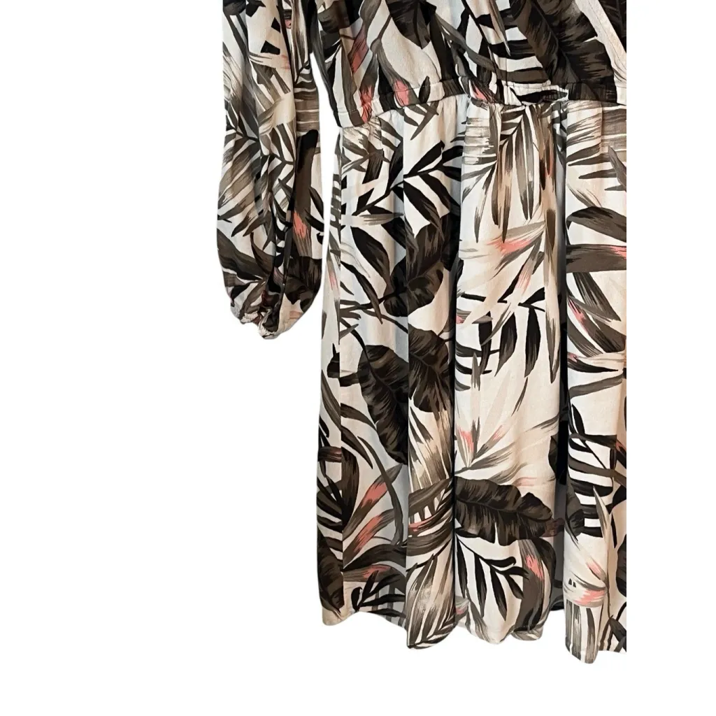 Old Navy Dress Women's M White Olive Tropical Faux Wrap Long Sleeve Beach Midi - Image 4