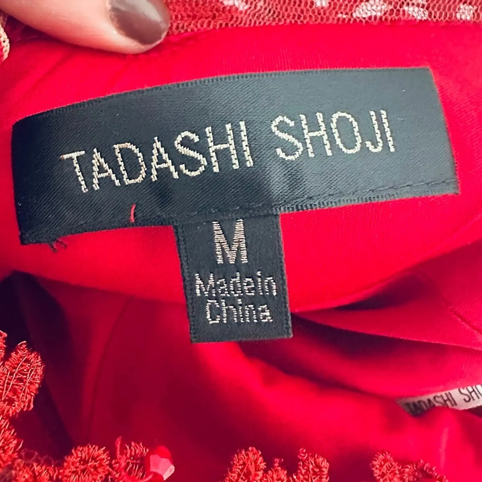 Tadashi Shoji Paillette Lace Tulle Gown Flame Red Maxi Dress Formal Size Medium - Image 10