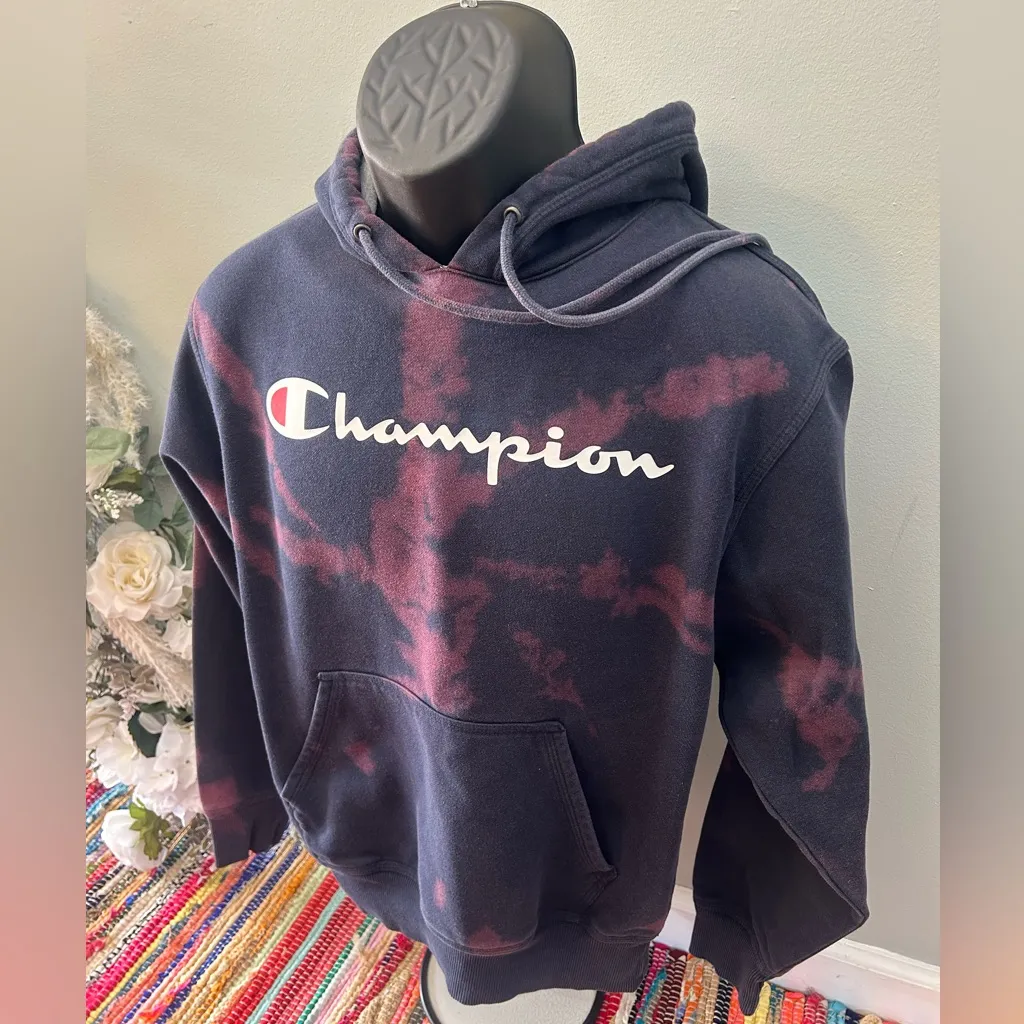 Champion Spellout Tie Dye Hoodie Sweatshirt Navy Blue Small - Image 2
