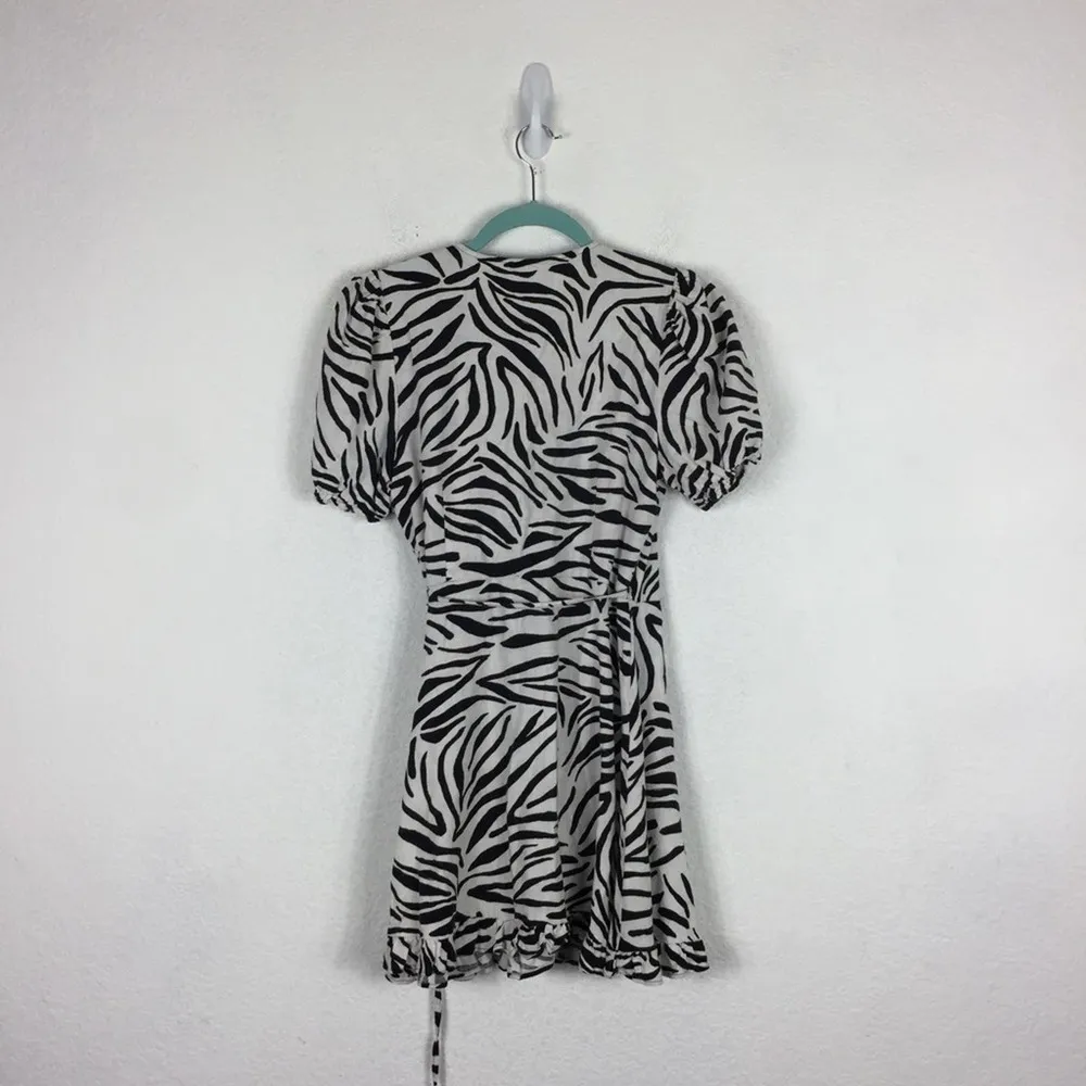Zara Zebra Print Puff Sleeve Linen Wrap Mini Dress Small - Image 14