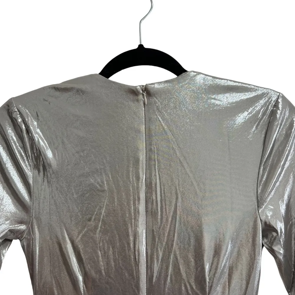 NEW NWT  Gwen Long Sleeve Draped Neck Mini Dress In Silver Metallic - Image 6