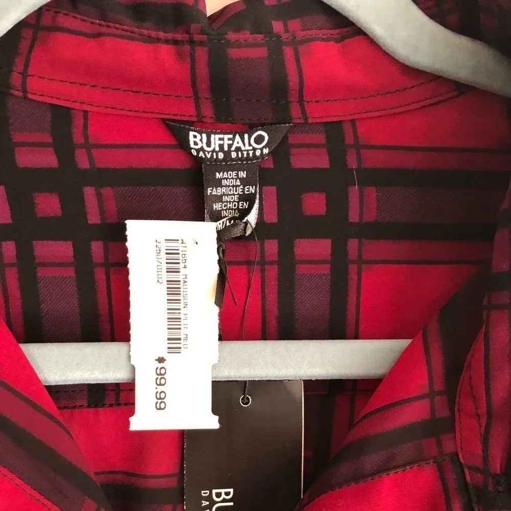 Buffalo David Bitton Plaid Blouse Magenta Eggplant Size Medium - Image 4