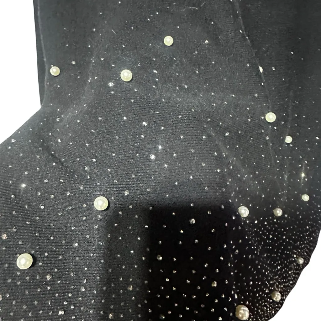 Italian Black Rhinestone Pearl Embellished Tunic Length Beautiful Sweater Lg - Image 4