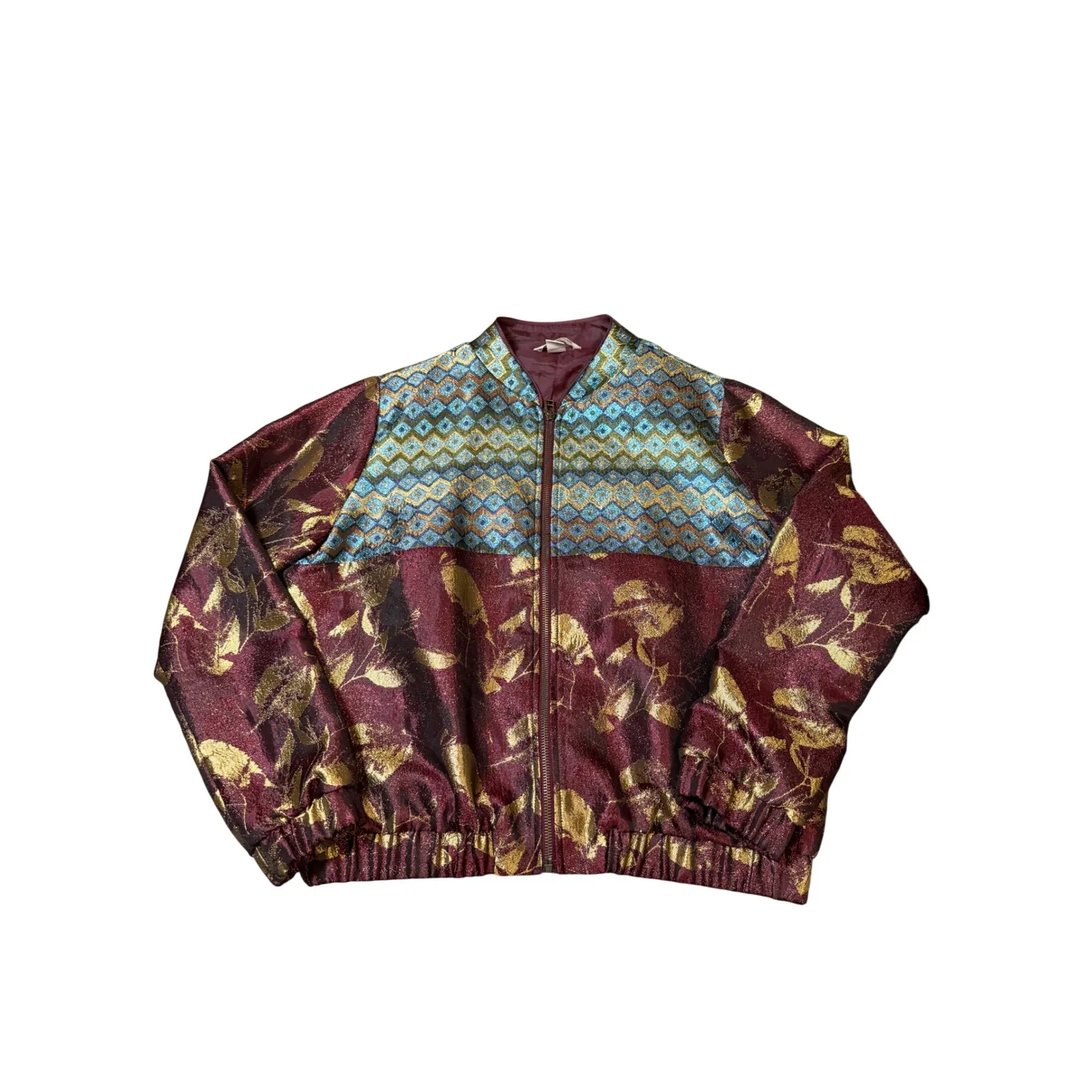 H&M Women Metallic Embroidered Bomber Jacket Zip Size 10 Maroon Gold Blue - Image 2