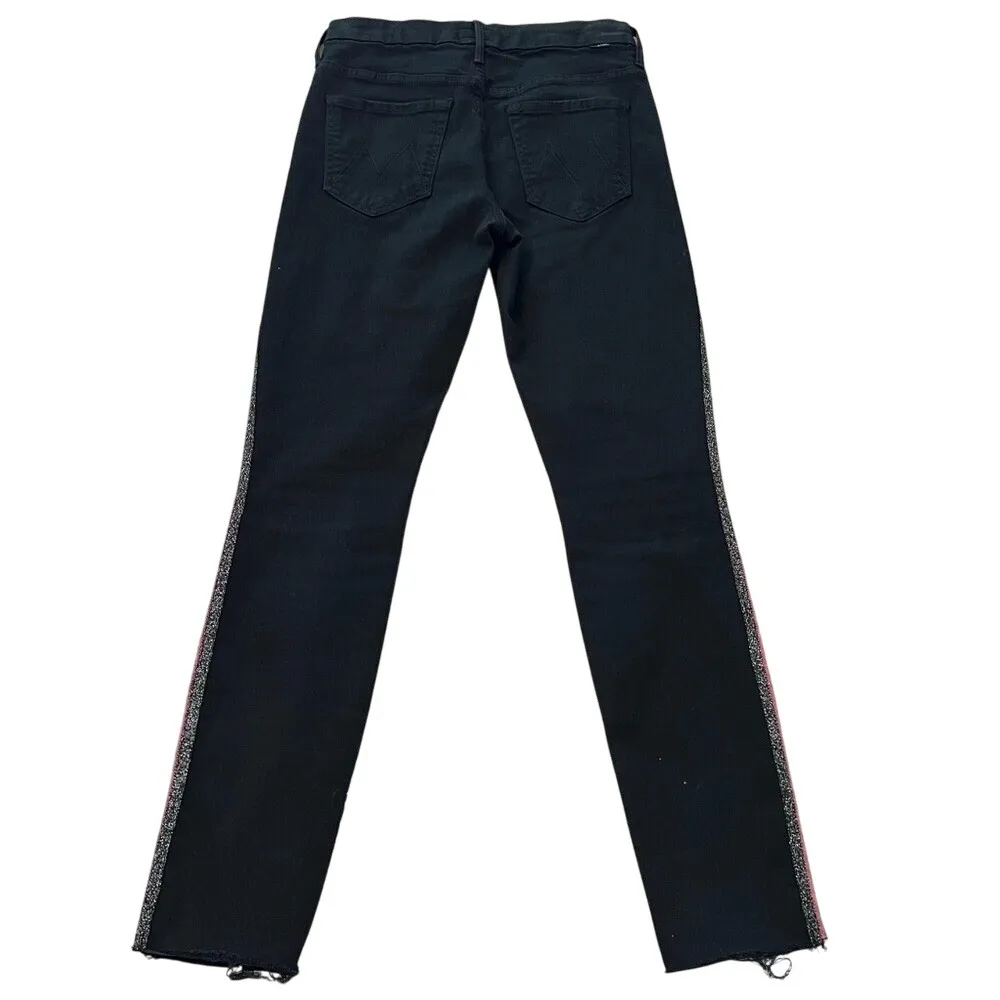 Mother Looker High Waisted Ankle Fray Guilty Glitter Racer Jeans Black 26 - Image 9