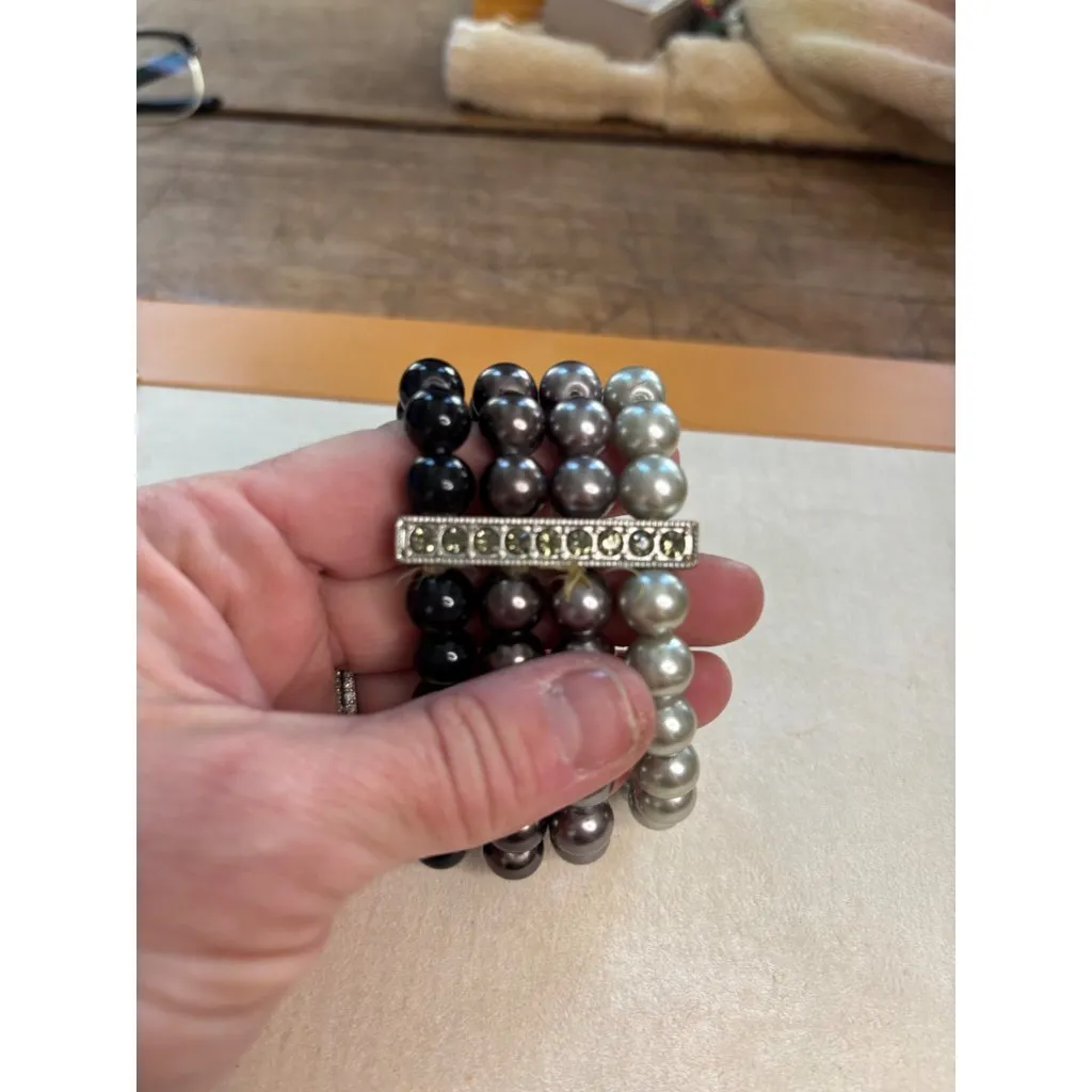 Elegant Multicolor Faux Pearl Stretch Bracelet Set With Rhinestone Accent Bars F Black - Image 3