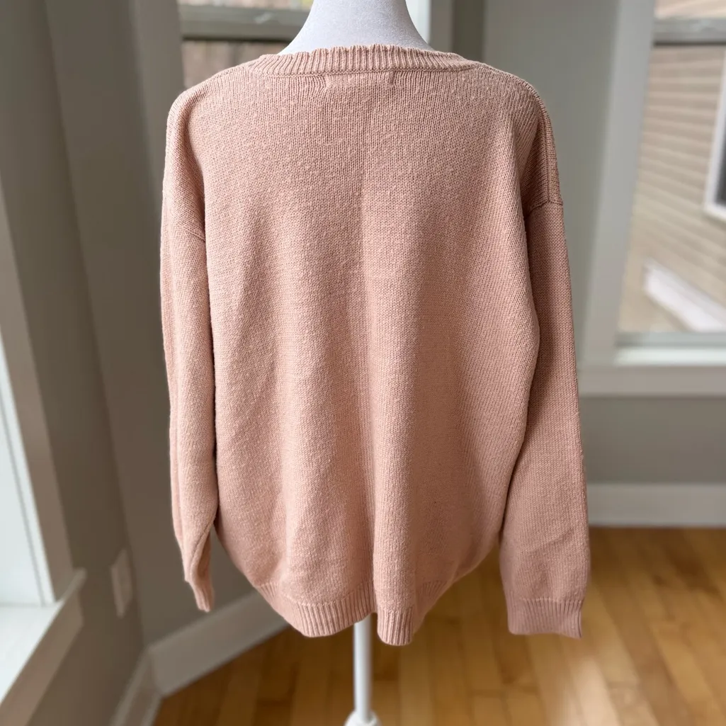 Vintage Alfred Dunner Pink Floral Appliqué Pearl Detail V Neck Cardigan Sweater - Image 4