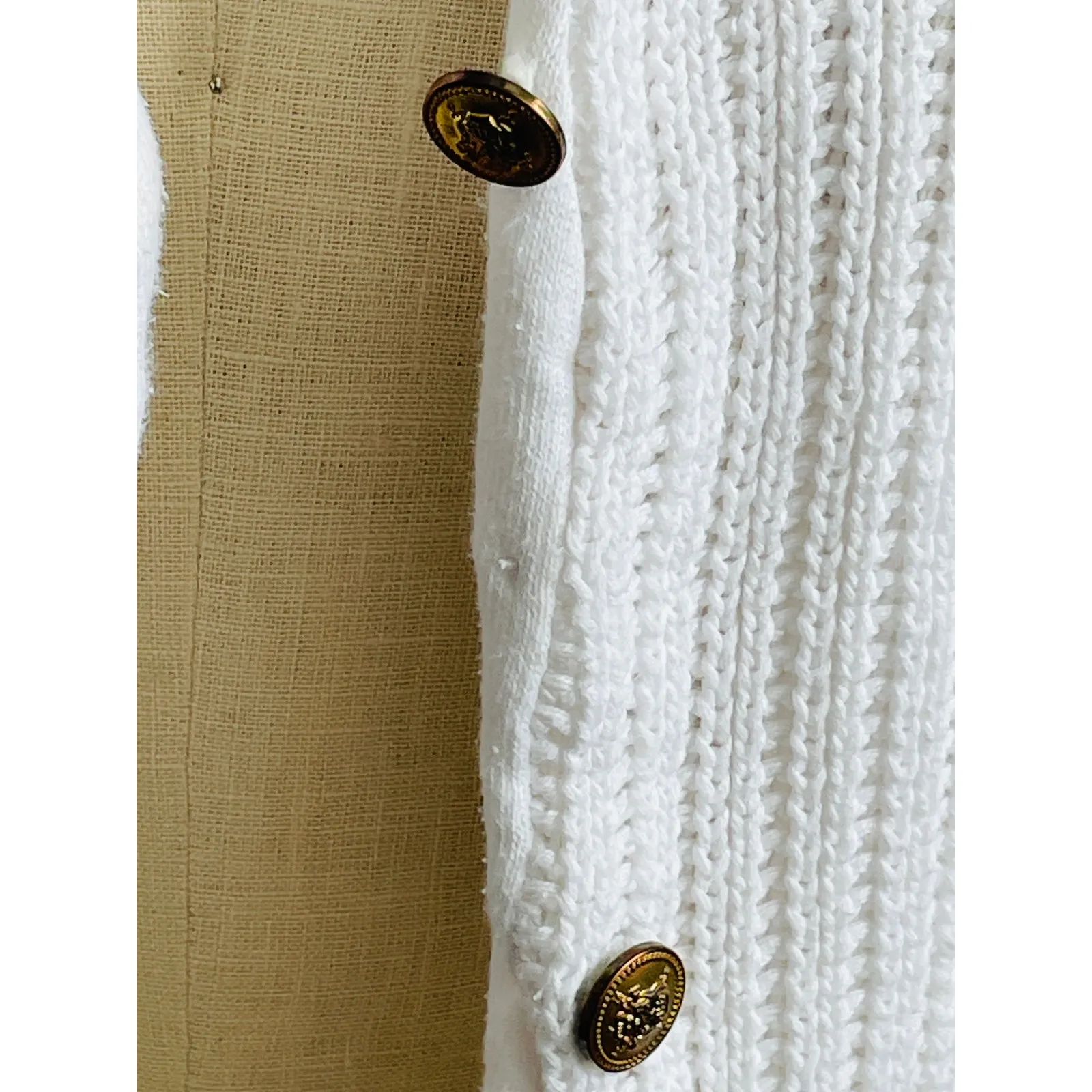 Lauren Ralph Lauren White Ribbed Cardigan Sweater Brass Crest Buttons Size Small - Image 6
