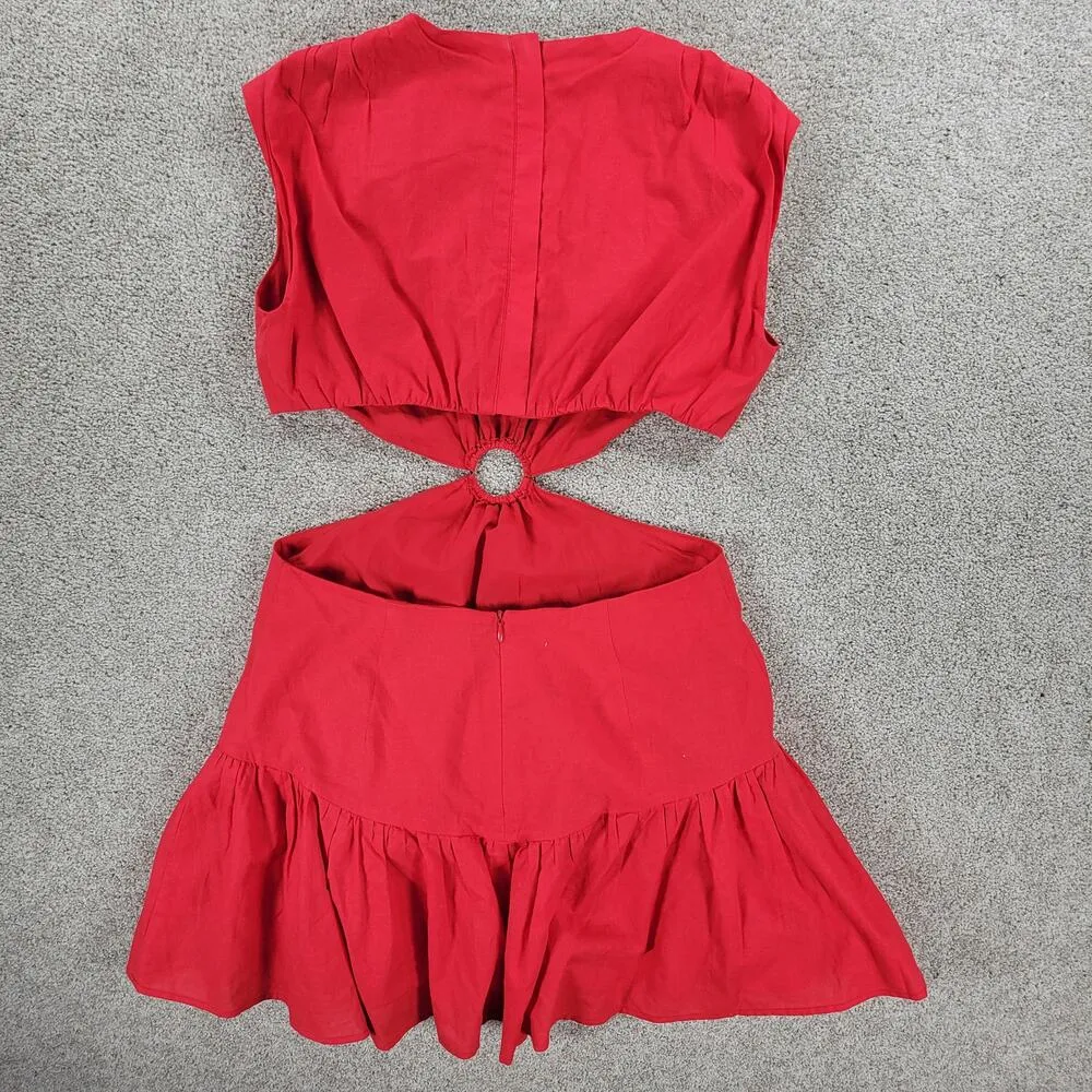 White Fox Cutout Ring Dress Womens L Red Sleeveless Mini Fit & Flare Ruffle Hem - Image 13