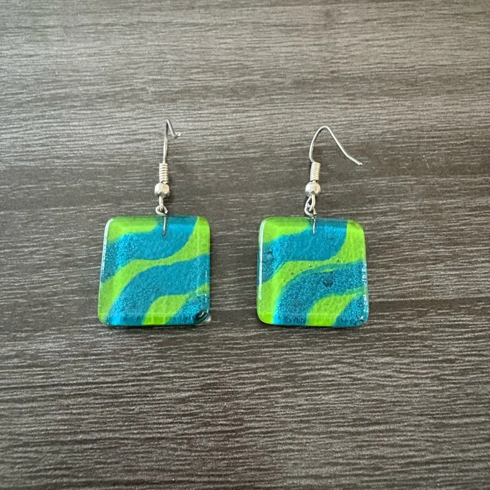 Unique Blue Green Wave Glass Dangle Square Earrings - Image 2