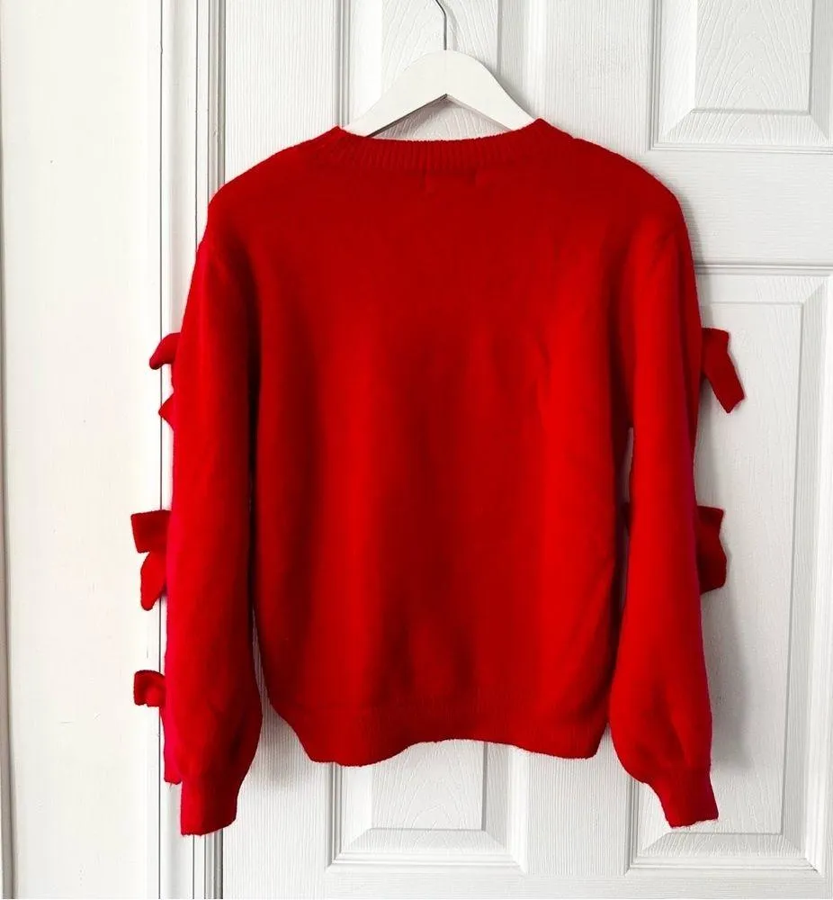 Molly Bracken Holiday Red Open Slit Bow Trim Sleeve Cable Knit Sweater Medium - Image 13