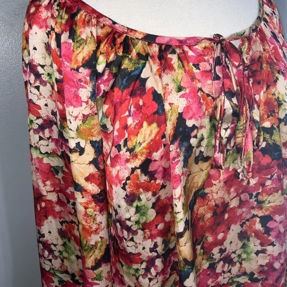 Cha Cha Vente Orange Floral Watercolor Smock Long Sleeve Satin Flowy Tunic L - Image 7