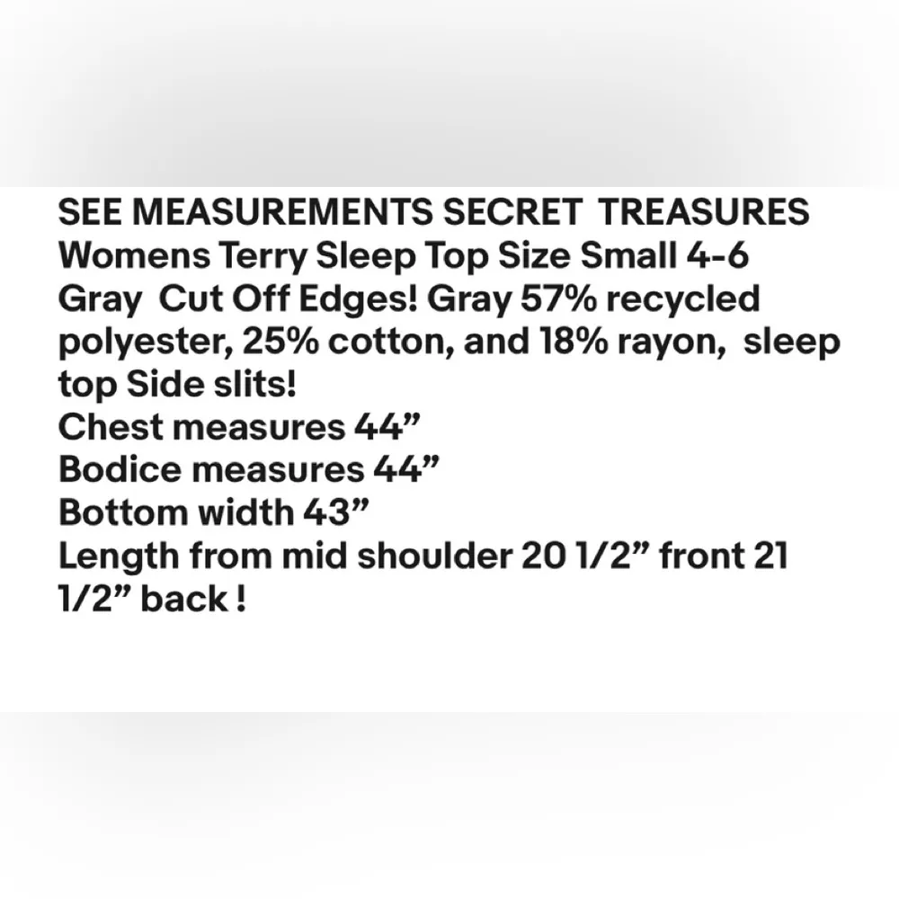 SECRET  TREASURES Womens Terry Sleep Top Size Small 4-6 Gray  Cut Off Edges New - Image 7