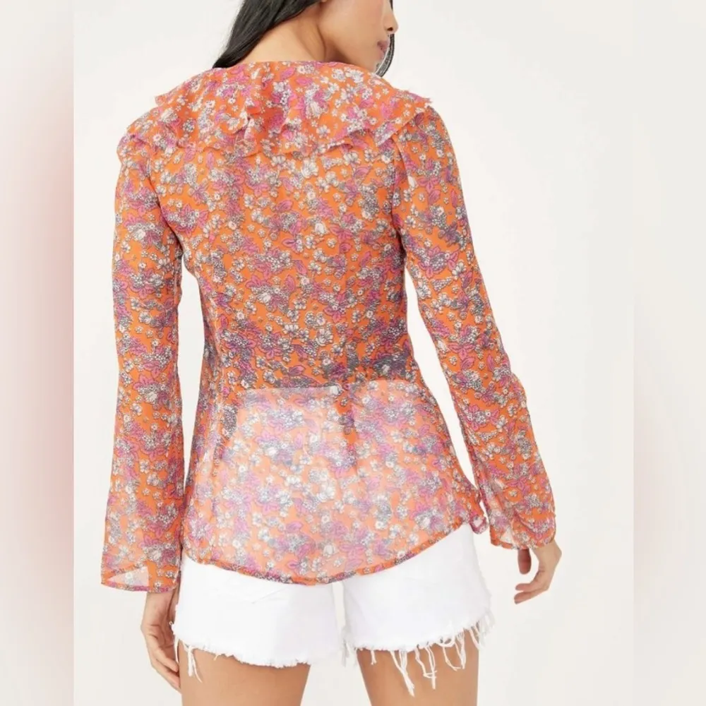 Free People Nina long sleeve sheer chiffon floral ruffle top with raw edges - Image 3