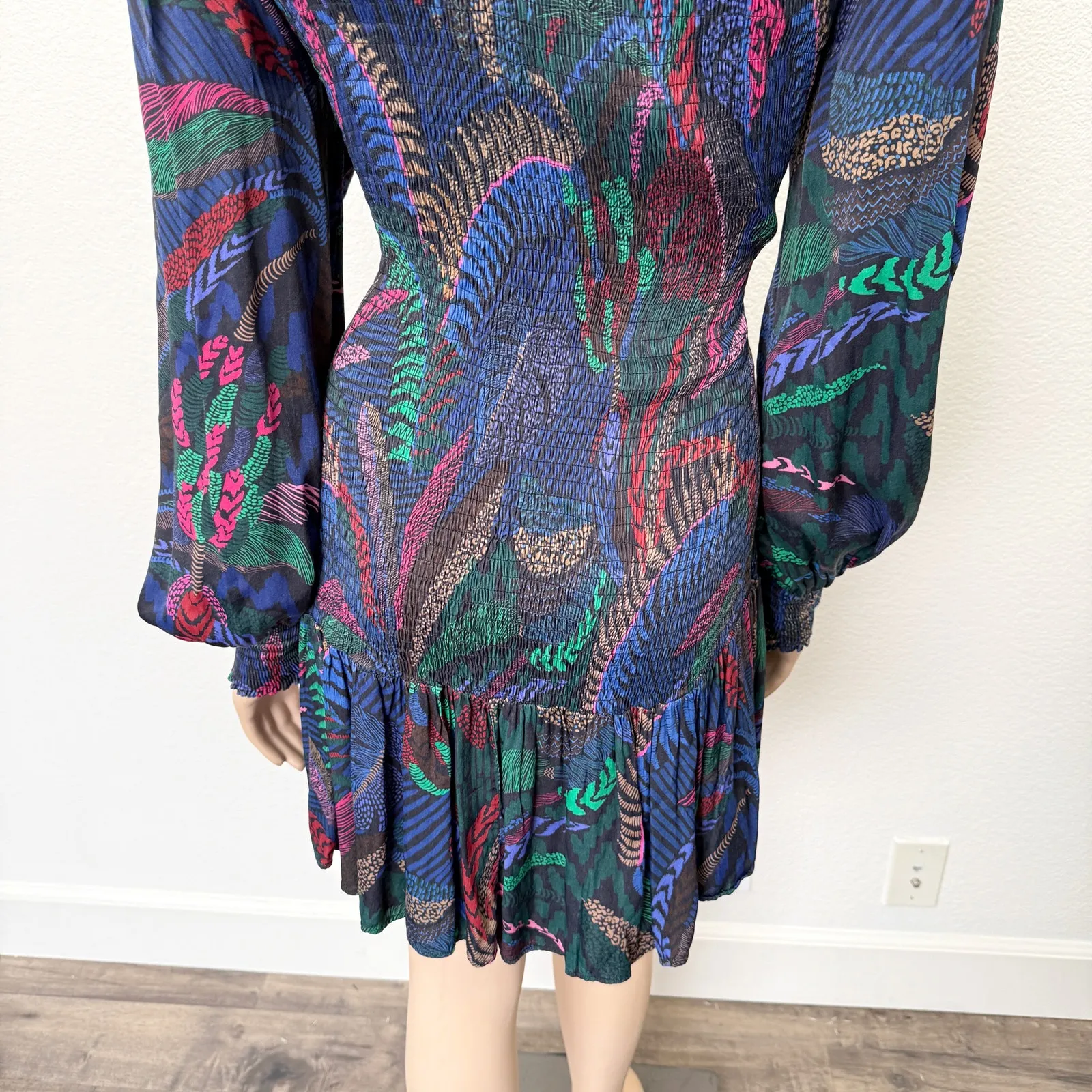 [Farm Rio] Amazonia Night Smocked Mock Neck Long Sleeve Mini Dress Size Large L - Image 7
