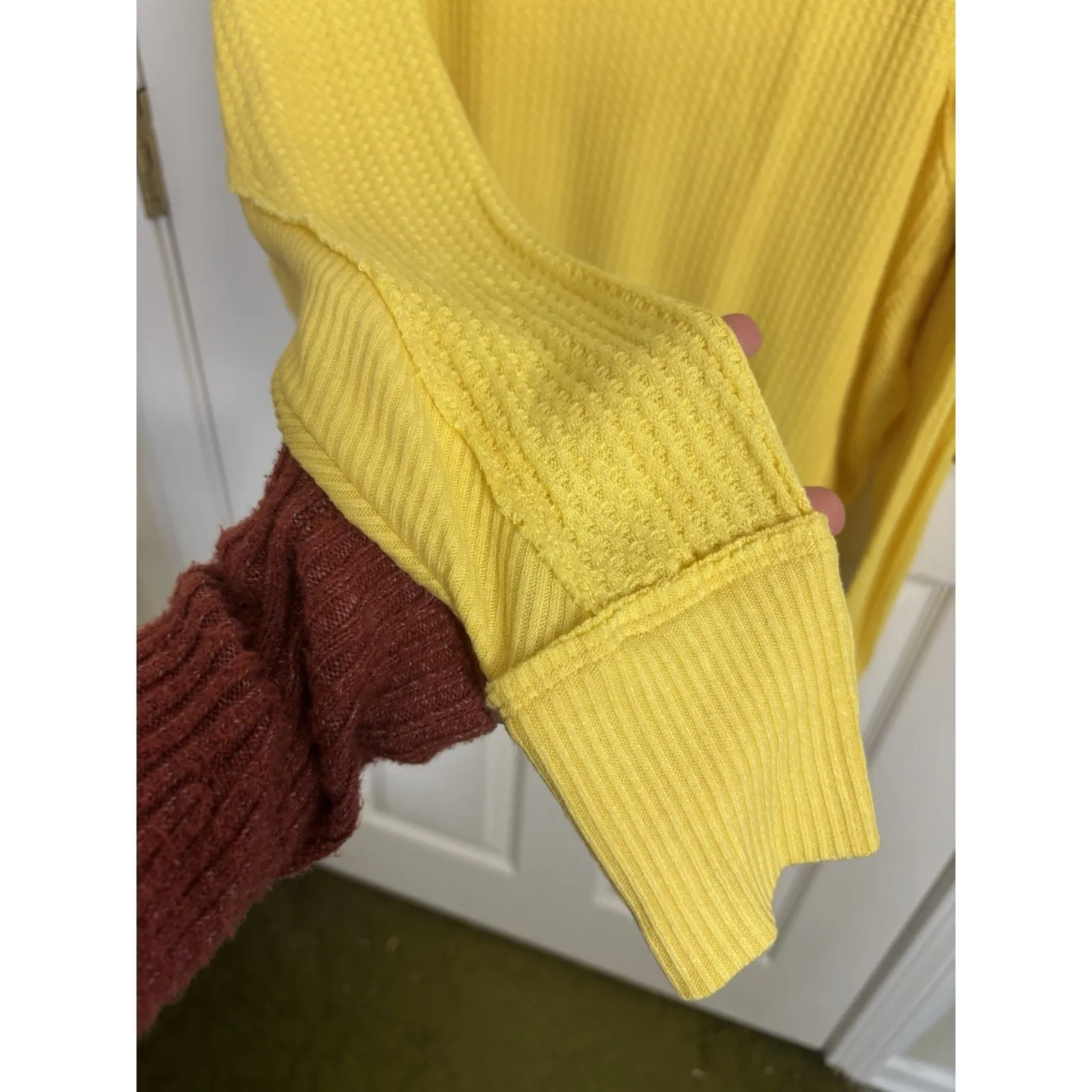 Free People We the Free Yellow Santa Clara V-Neck Oversized Thermal Medium - Image 4