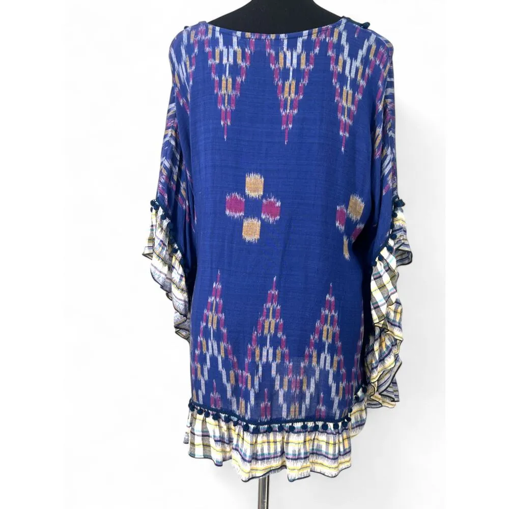 BALI Queen One Size Top Blouse Poncho Pullover Boho Ikat Ruffles Coverup Swim Blue - Image 4