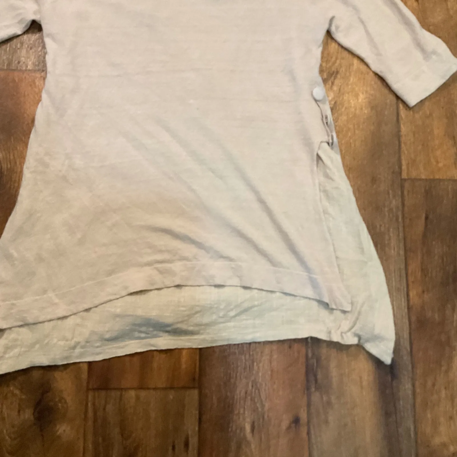 John Fashion 100% Linen Blouse Small 3/4 Sleeve Lagenlook Layered Hem Side Slits Tan - Image 11