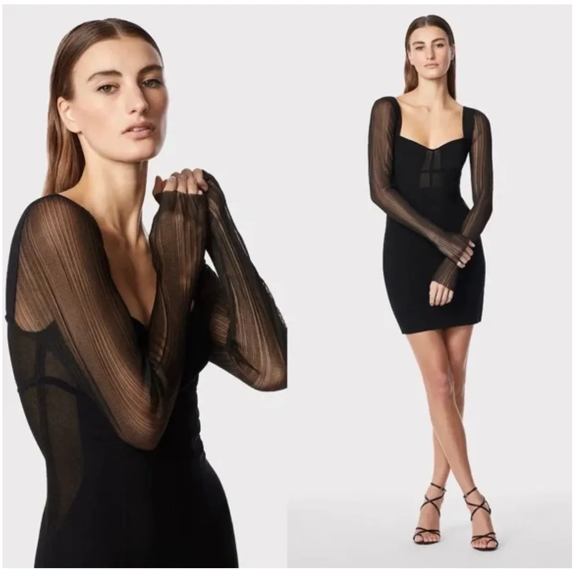 Herve Leger Mesh Sleeve Intarsia Bodycon Mini Dress Black Size L NWT Cocktail - Image 2