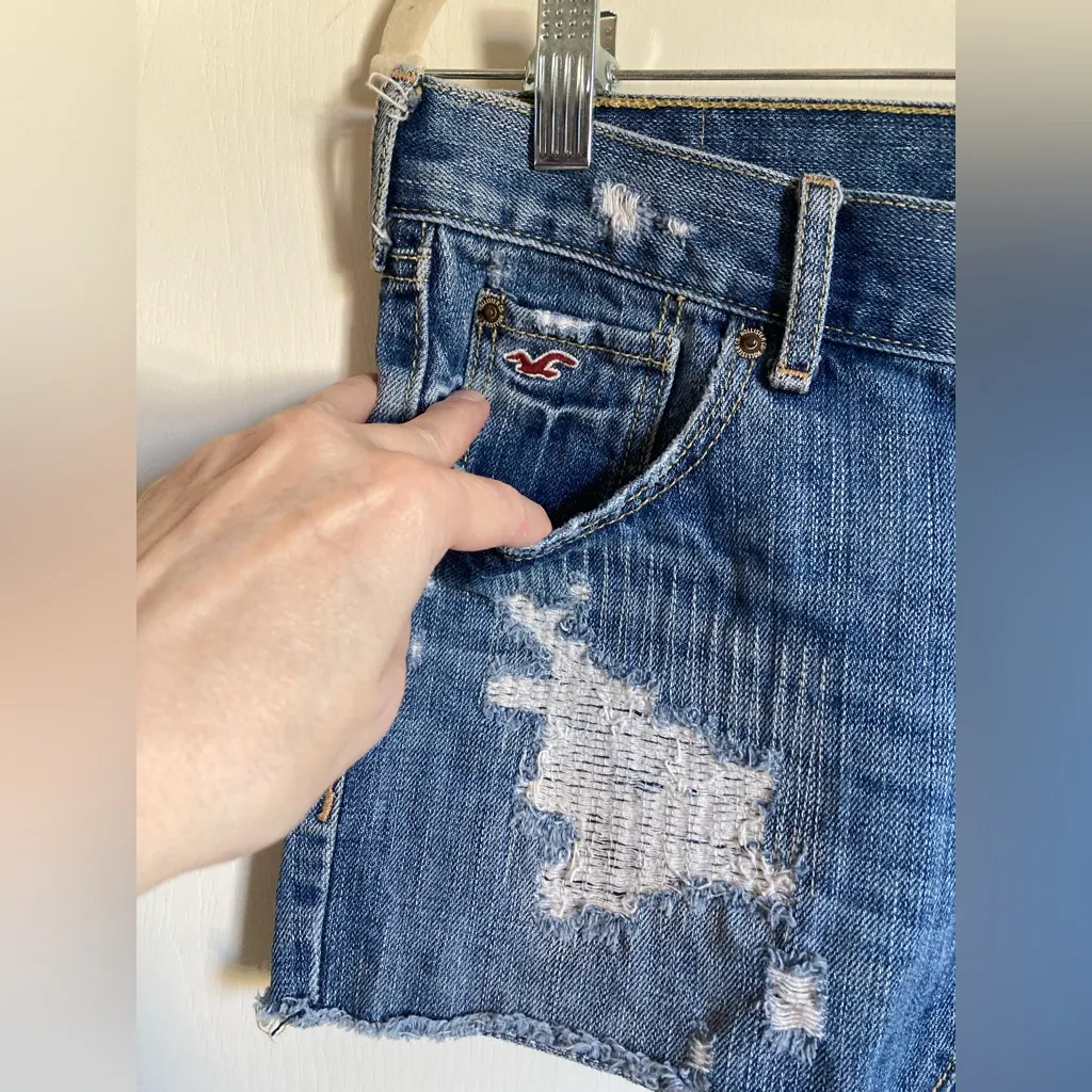 Vintage Y2K Hollister Medium Wash Distressed Ripped Raw Hem Micro Denim Skirt#Pk - Image 3