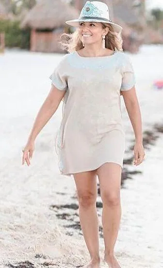 TUNIC BEACH COVER UP T. Zovich Solid with Floral Trim Swim Sustainable Tan NWT Size M - Image 1