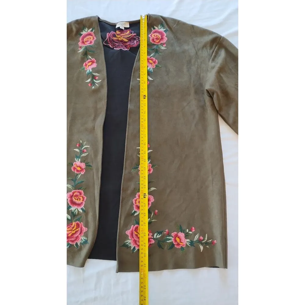Umgee Women's Olive Green Floral Embroidered Faux Suede Cardigan Jacket Sz M. - Image 11