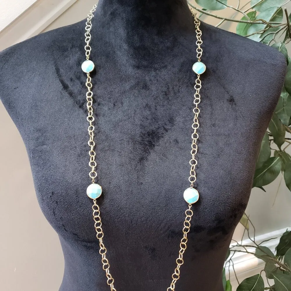 Women's Fashion Turquoise Blue Stone Cable Linked Chain Necklace with Lobster - Image 2