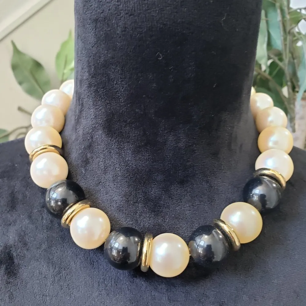 Vintage Large White Faux Pearls & Acrylic Black Beads Statement Choker Necklace - Image 2