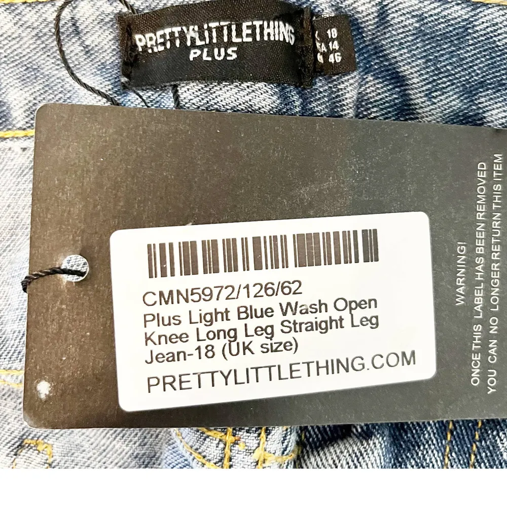 Pretty Little Thing  Plus Open Knee Long Leg Straight Leg Jean Light Blue Wash 14 - Image 3