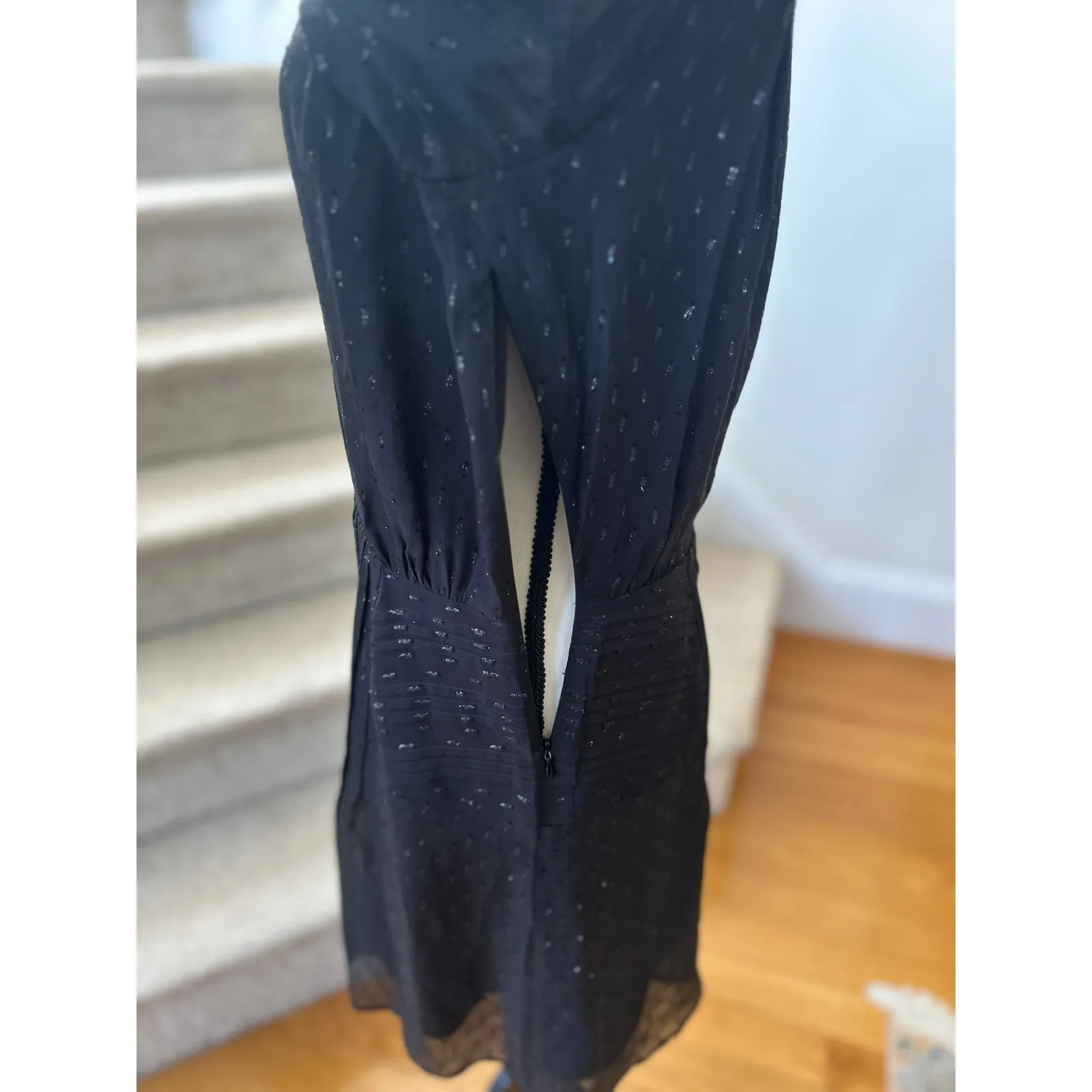 Marie Oliver Black Silk Sparkle Dot Pin Tuck Pleat Blouson Mini Dress - Image 6