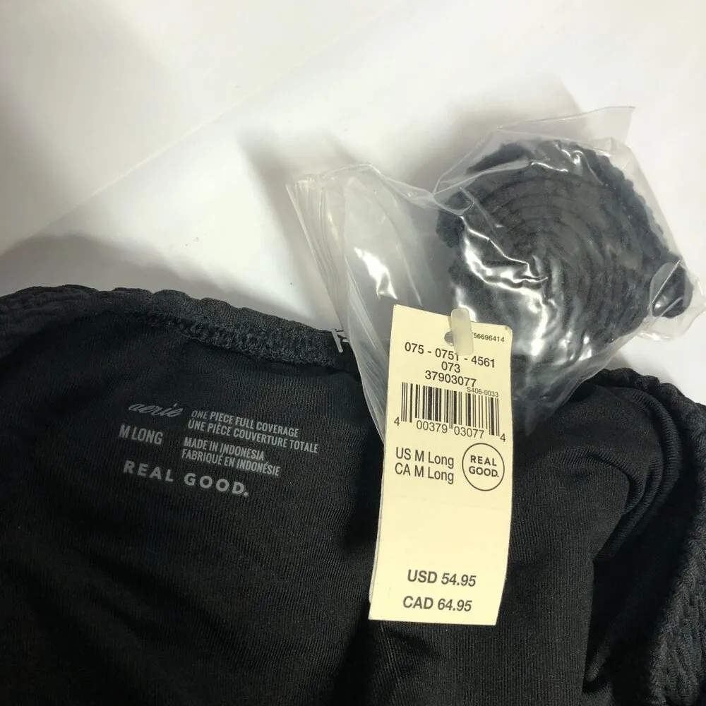 Aerie One Piece Swimsuit Monokini Cutouts Removable Straps Textured Black M Long - Image 3