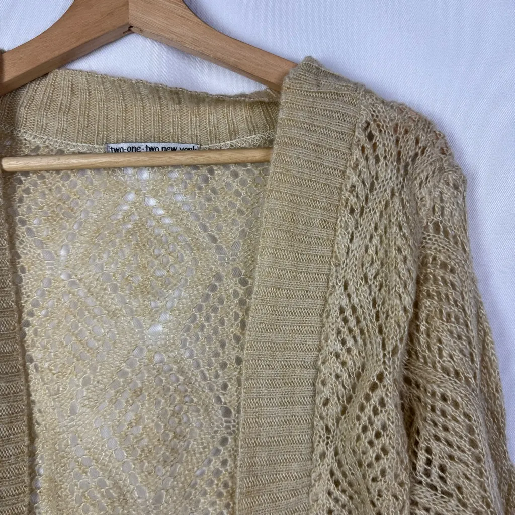 212 New York Light Brown Y2K Open Knit Cropped Cardigan Sweater S Tan - Image 3