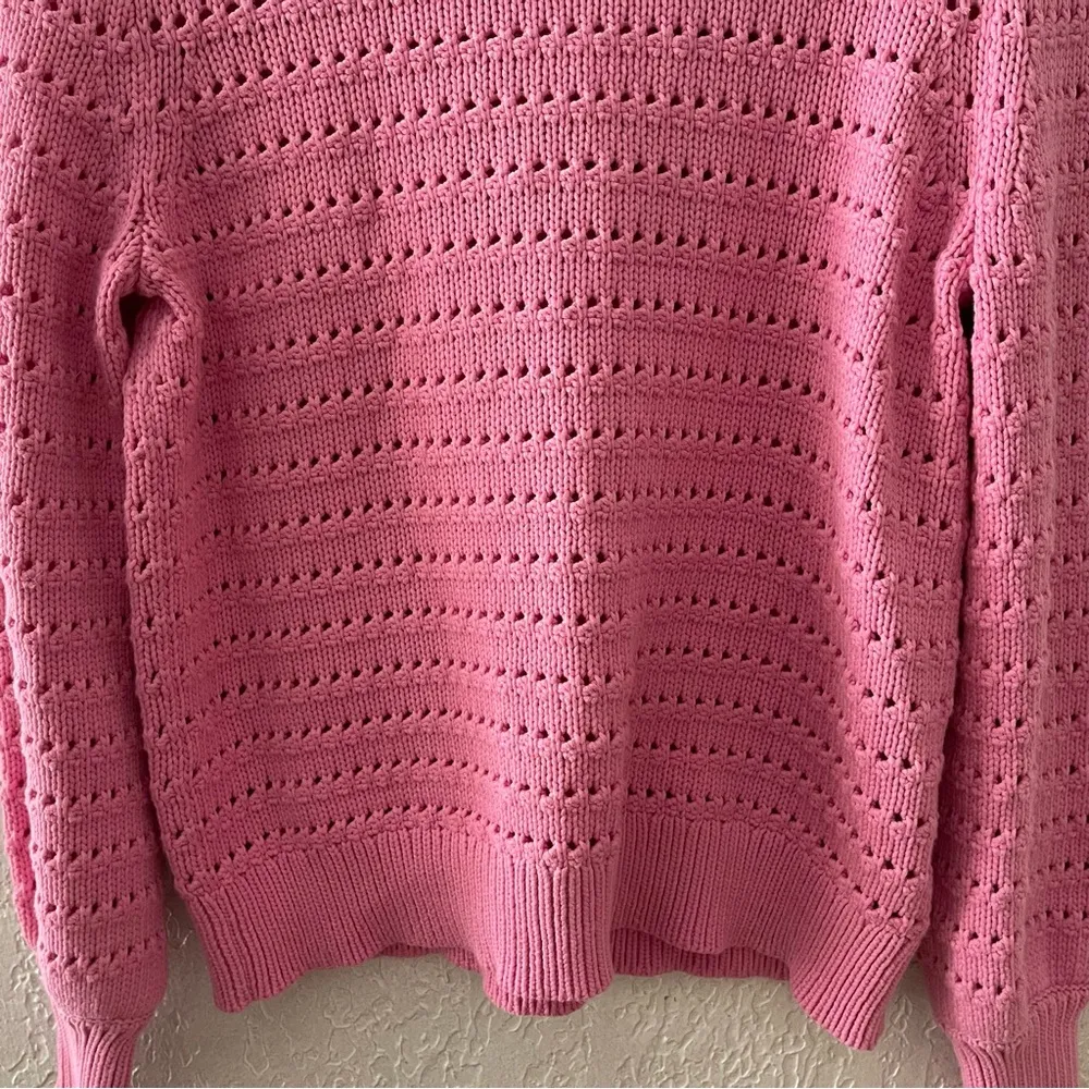 J Crew Pink Pointelle Pullover Sweater Top Balloon Crew Crochet Cotton Knit M - Image 7