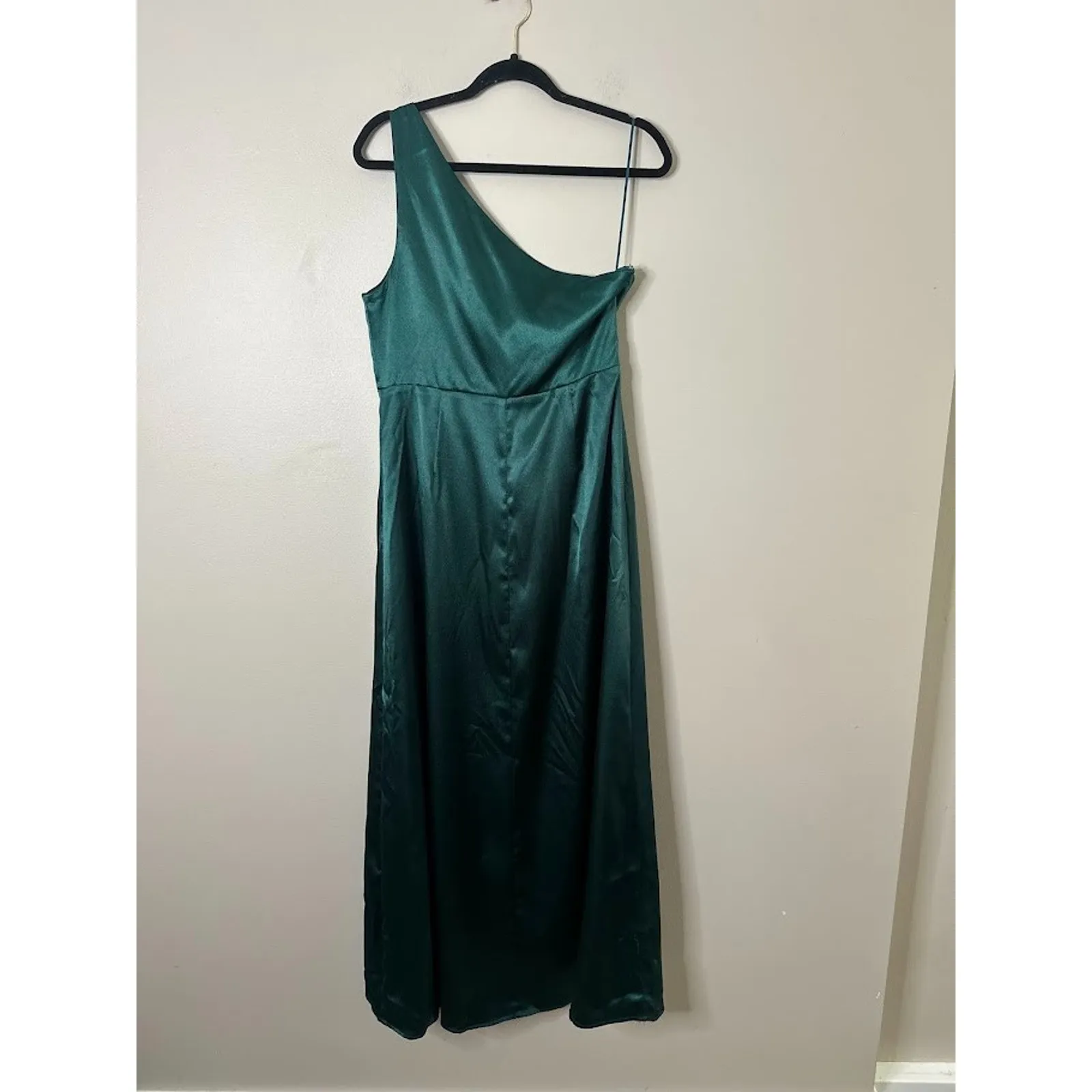 Birdy Grey Satin One Shoulder Maxi Kira Dress L Front Slit Emerald Green Formal - Image 7