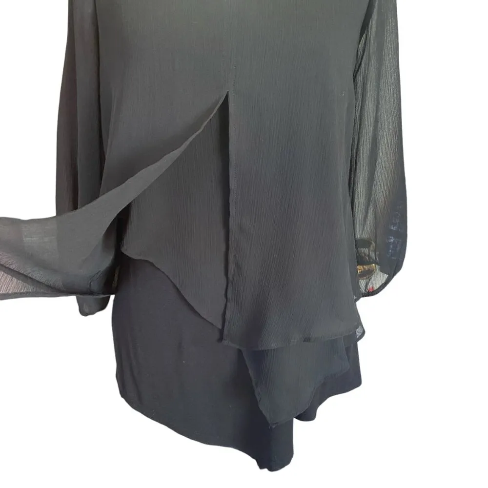 women's black v-neck long sleeve pullover blouse tank style sheer overlay - Image 6