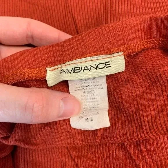 Y2K Ambiance Womens Medium Top Rust Orange Off Shoulder Ribbed‎ Long Sleeve Crop Red - Image 3