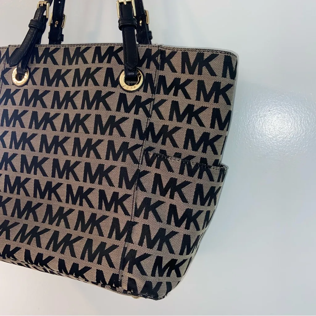 Michael Kors Jet Set East West Jacquard Black and Tan Logo Tote - Image 8
