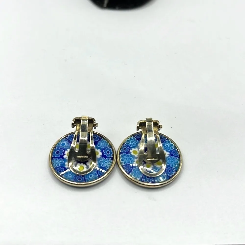 Rare Nicolis Cola Vermeil Sterling Round Millefiori Murano Glass Clip Earrings Blue - Image 9