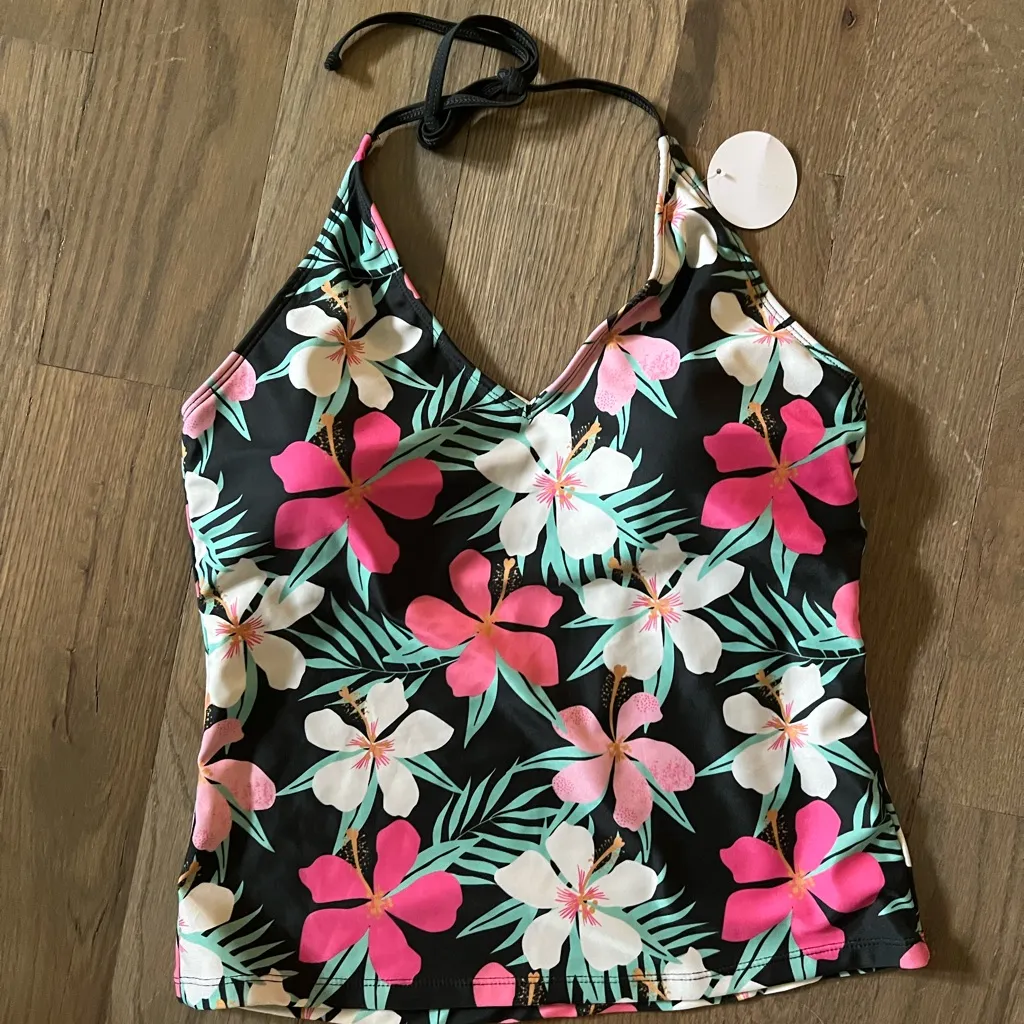 NWT Bobbie Brooks Swimsuit Takini Top Sz Large Tropical Print Pink Black - Image 2